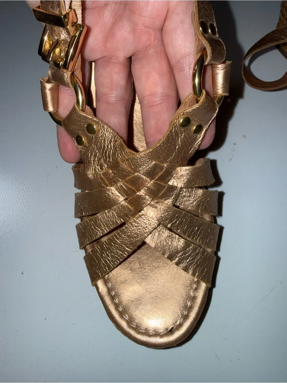 Corso Como Metallic Rose Gold Bronze Braided leather Wedge Sandals size 9
